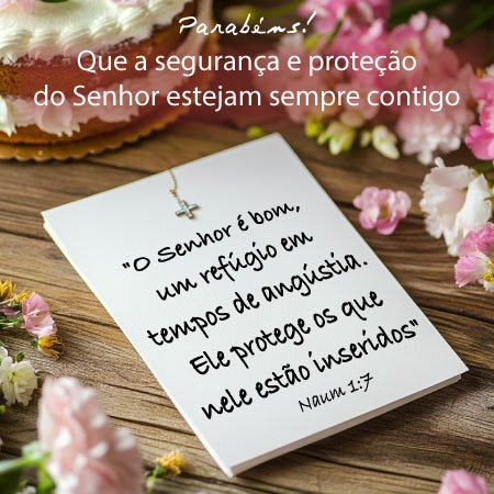 Versículo de vitória para aniversário, Naum 1:7, com foto de cartão na mesa com bolo de aniversário e flores.