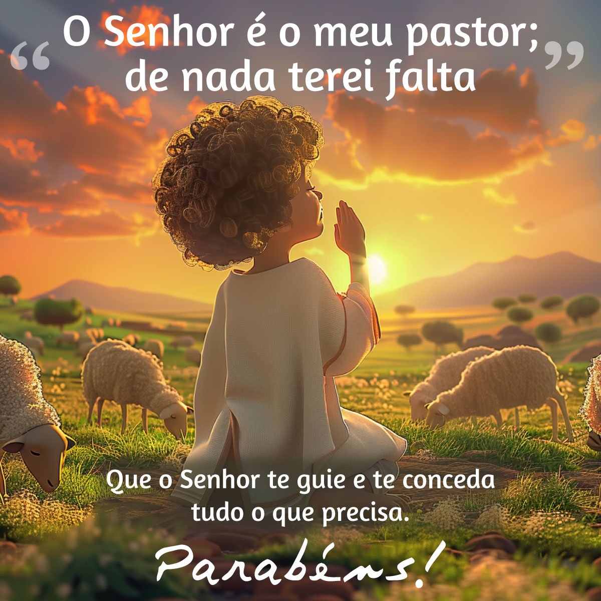 Mensagem de Bênção para aniversário - salmo 23:1 - ilustração de pastor Davi e ovelhas