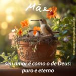 Mensagem Dia das Mães com foto de beija-flor no ninho em um vaso