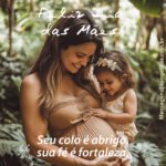 Mensagem evangélica feliz dia das mães com foto de mãe grávida e filha no colo