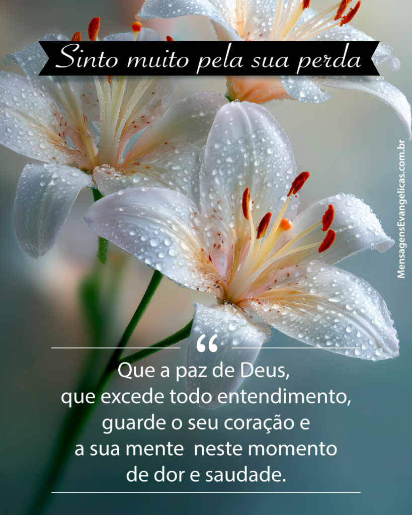 Imagem com foto de Lírios brancos com gotas de orvalho nas pétalas e frase de pêsames para evangélicos.