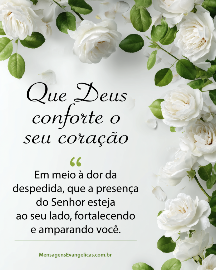 Foto de rosas brancas em um fundo branco com frase de pêsames evangélica.
