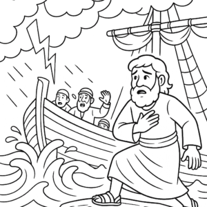 Desenho para colorir da história de Jonas e a Baleia na tempestade para Ministério Infantil Evangélica