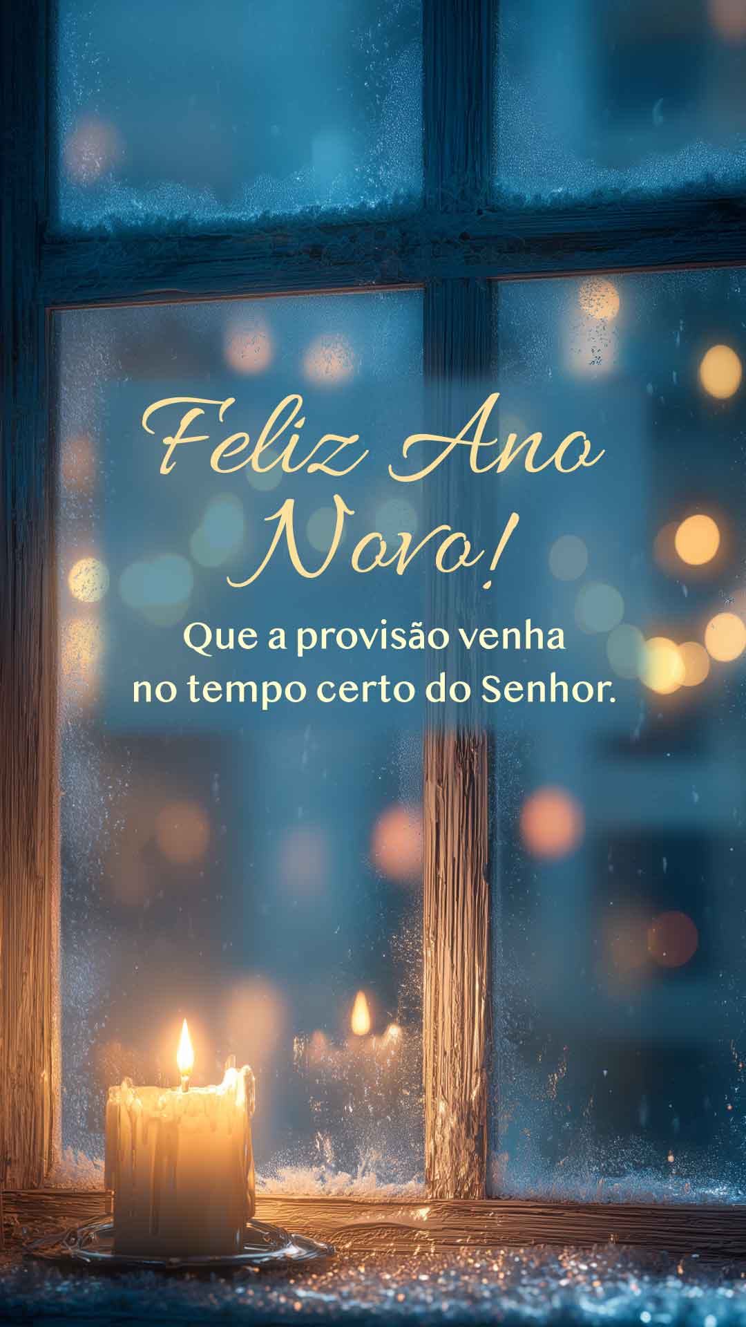 Foto de janela com cruz e vela e uma frase de Ano Novo sobre provisão, finanças e prosperidade. Formato Status do WhatsApp