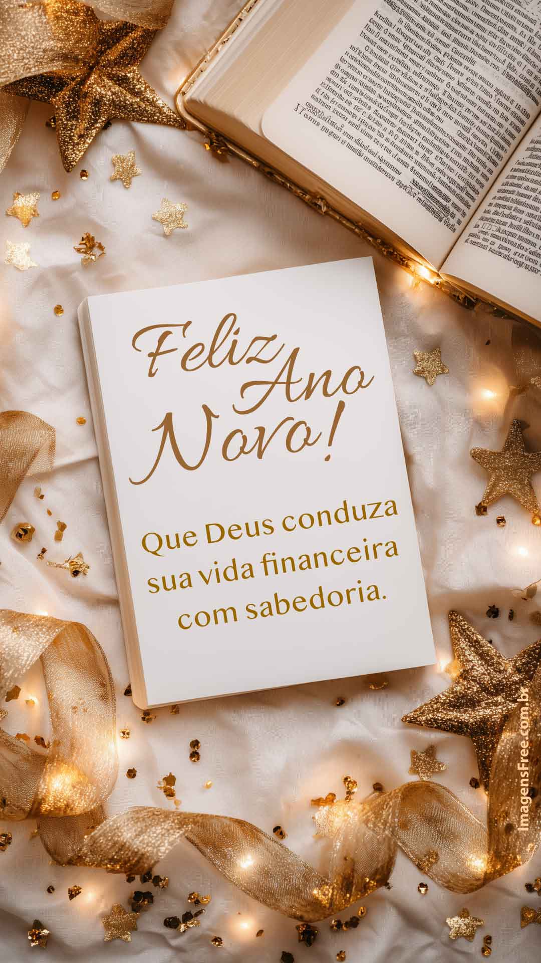 Imagem de Feliz Ano Novo Evangélica com foto de enfeites dourados, Bíblia e uma folha de papel com frase sobre prosperidade no ponto de vista cristão