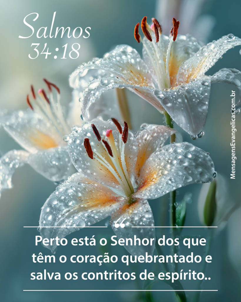 Linda foto de lírios brancos com gotas de orvalho em suas pétalas e Salmos 34:18