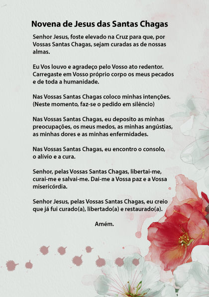 Novena de Jesus das Santas Chagas com imagem de ilustração em pintura aquarela de folres brancas e uma vermelha.