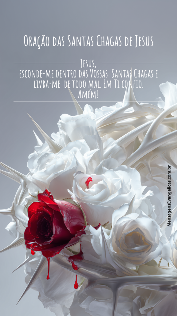 Coroa de rosas brancas com espinhos e uma rosa vermelha representando as Santas Chagas de Jesus.