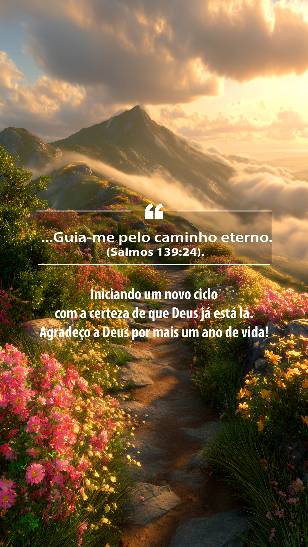 Imagem com foto de trilha com flores que leva até uma montanha com nuvens. Texto com Salmo 139:24 e frase de parabéns para mim.