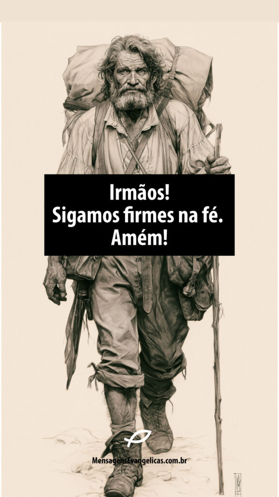 Ilustração em preto e branco de um peregrino com frase evangélica motivacional para homens