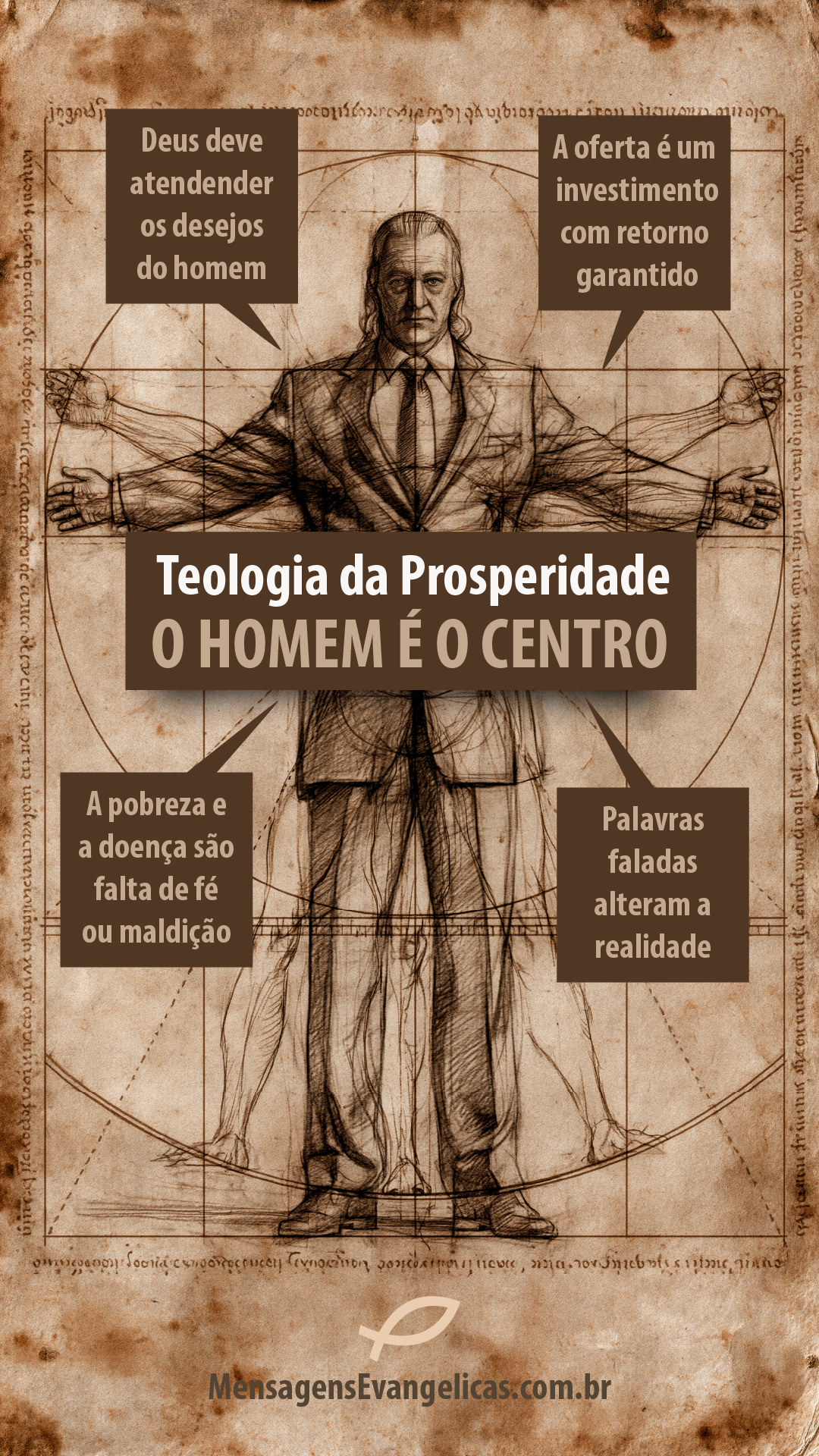 Infográfico da Teologia da Prosperidade onde o homem é o centro. Ilustração inspirada no desenho de Leonardo Da Vinci: Homem Vitruviano