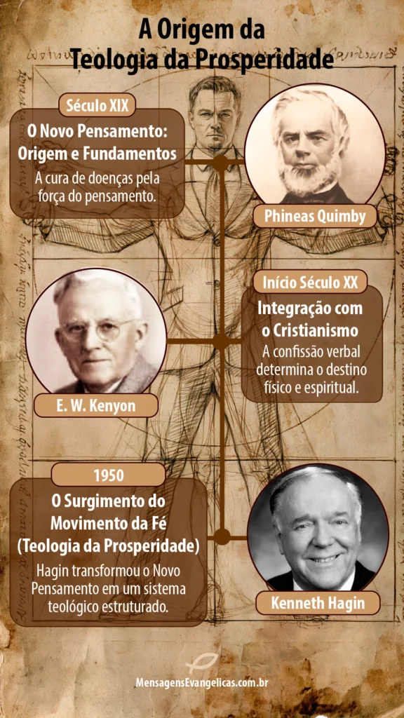 O Novo Pensamento: a Origem da Teologia da Prosperidade - Infográfico com as datas e nomes dos personagens que fundamentaram a teologia do Movimento da Fé